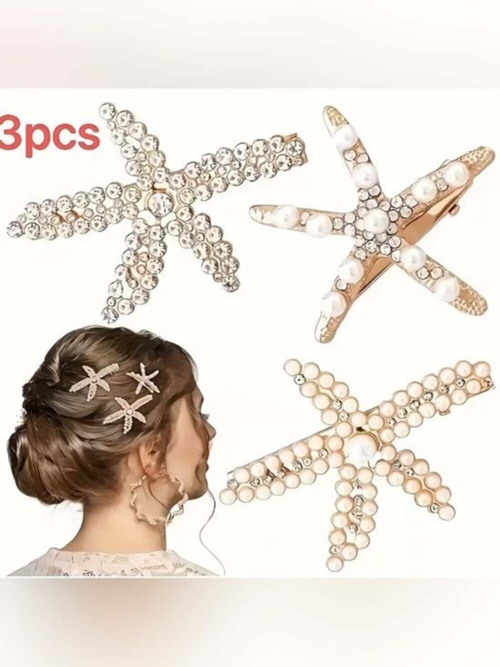 3 Pearl & Crystale Starfish Hair Clips - Women Accessories Bridal Vacation Chic